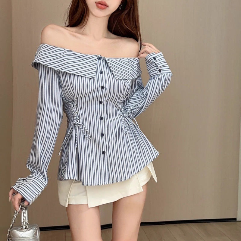 dresses Hot Girl Style Striped Shirt Girls' Spring and Autumn off-Neck Slim Waist Shirt Chic Lace-up Long Sleeve T-shirt Shirt