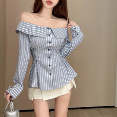 dresses Hot Girl Style Striped Shirt Girls' Spring and Autumn off-Neck Slim Waist Shirt Chic Lace-up Long Sleeve T-shirt Shirt