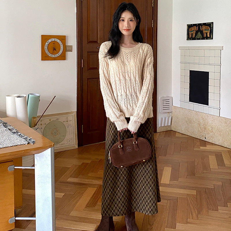midi skirt outfit fall Maillard Retro Coffee Green Plaid Skirt Women's Long Skirt Autumn and Winter High Waist A- line Skirt