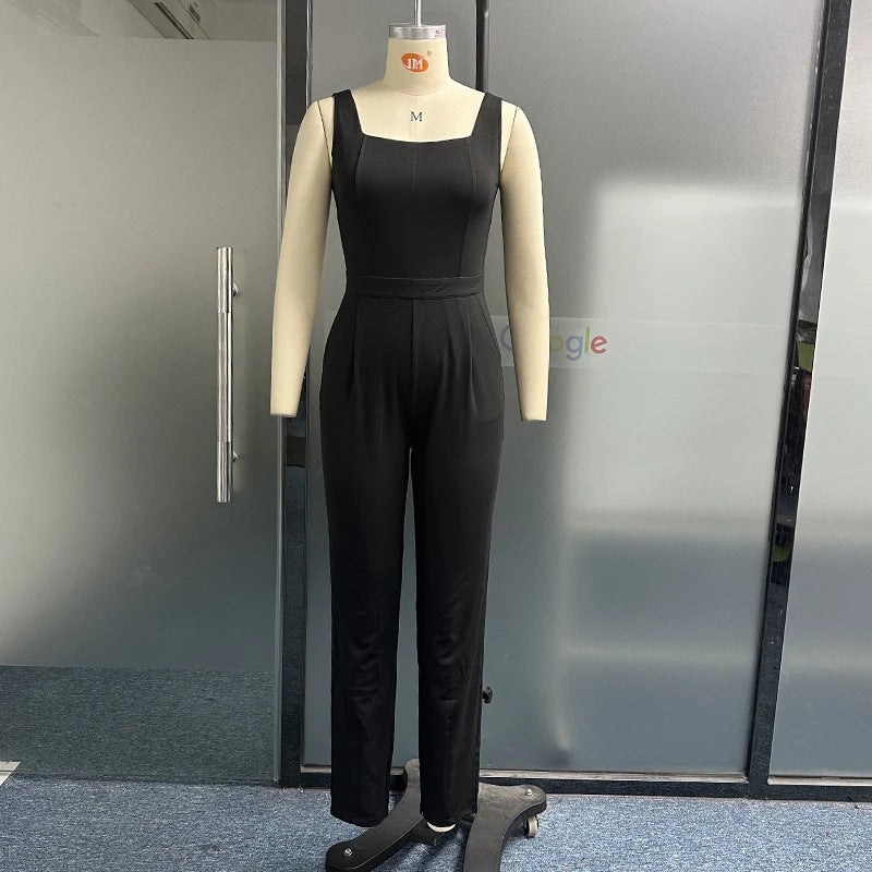 business casual outfits for women Summer Fashion Solid Color round Neck Sleeveless High Waist Slim Temperament Jumpsuit