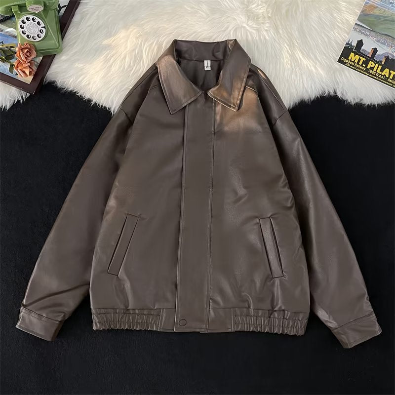outfit inspo fall American-Style Men's and Women's Leather Jacket Retro Camisole High-Grade Hong Kong-Style Leather Jacket Simple Couple Jacket