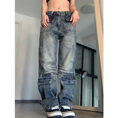 grunge outfits American Retro Street Style Distressed Washed Design Zipper Pocket Denim Straight Trousers Men and Women Casual