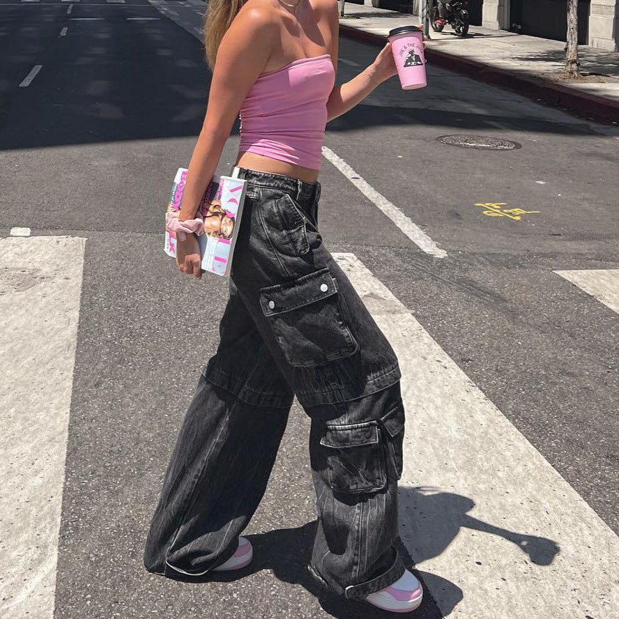 grunge outfits Street Loose Denim Pairs of Pocket Workwear Style Retro Washing Heavy Industry Low Waist Hot Girl Trousers Women Straight