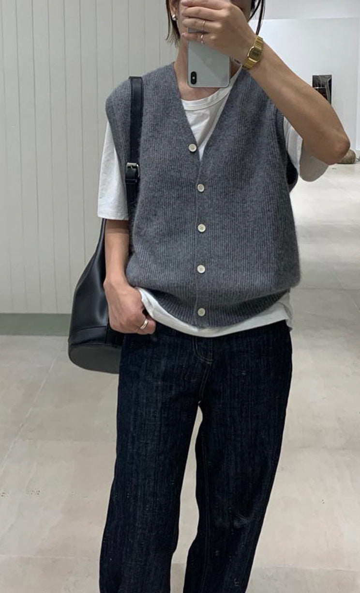 90s streetwear Korean Style New Autumn and Winter round Neck Loose Wool Sweater Vest Women's Sleeveless Cardigan Sweater Women's Vest Outer Wear
