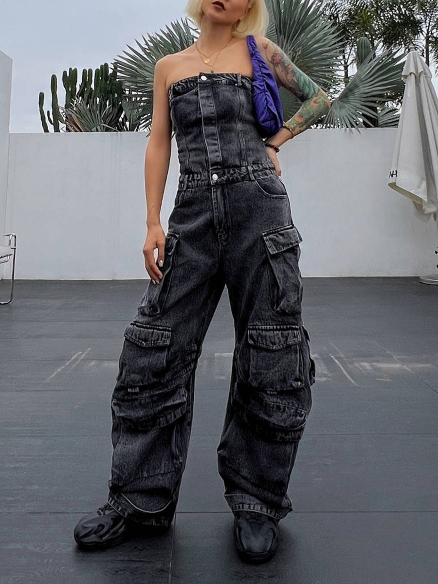 usher concert outfit ideas New Fashion Street Style Tube Top Tight Waist Slimming Hot Girl Multi-Pocket Denim Overalls Jumpsuit