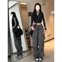 leapord halloween outfit Casual Overalls American Retro Hip Hop Women's Straight Loose High Waist Slimming Multi-Pocket Sports Casual Pants