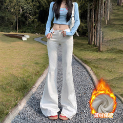 casual dinner outfit fall Autumn and Winter American Low Waist Thin Velvet Jeans Hot Girl Slim Elastic Slimming Flared Pants