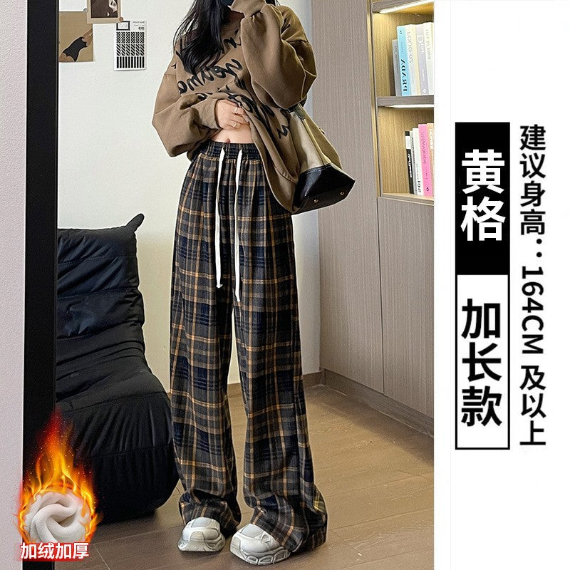 fall outfits aesthetic Retro Plaid Pants Women's Straight Pants Autumn and Winter New Brushed American Casual Pants High Waist Slimming Narrow Wide Leg Pants