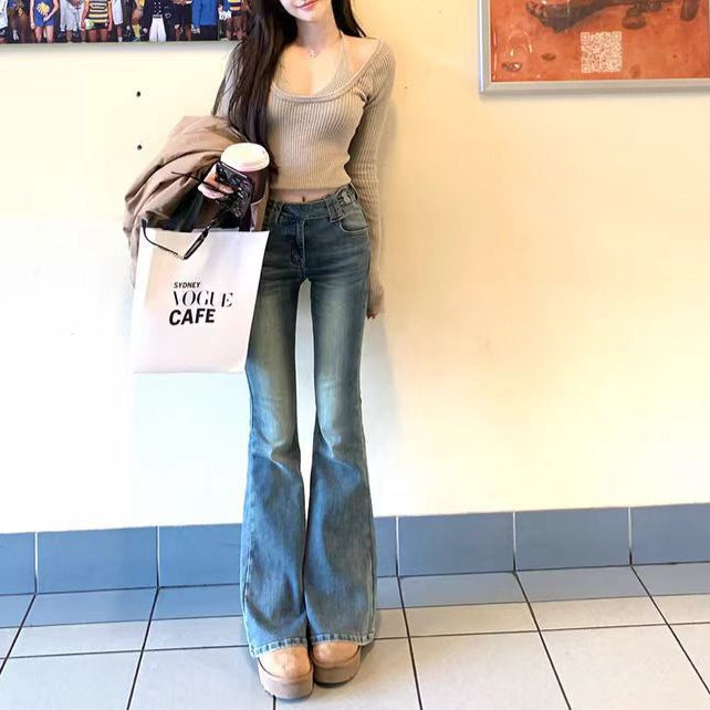 y2k outfits Women's Korean-Style Slim-Fit Double-Button Denim Flared Pants with Super Zan High Waist