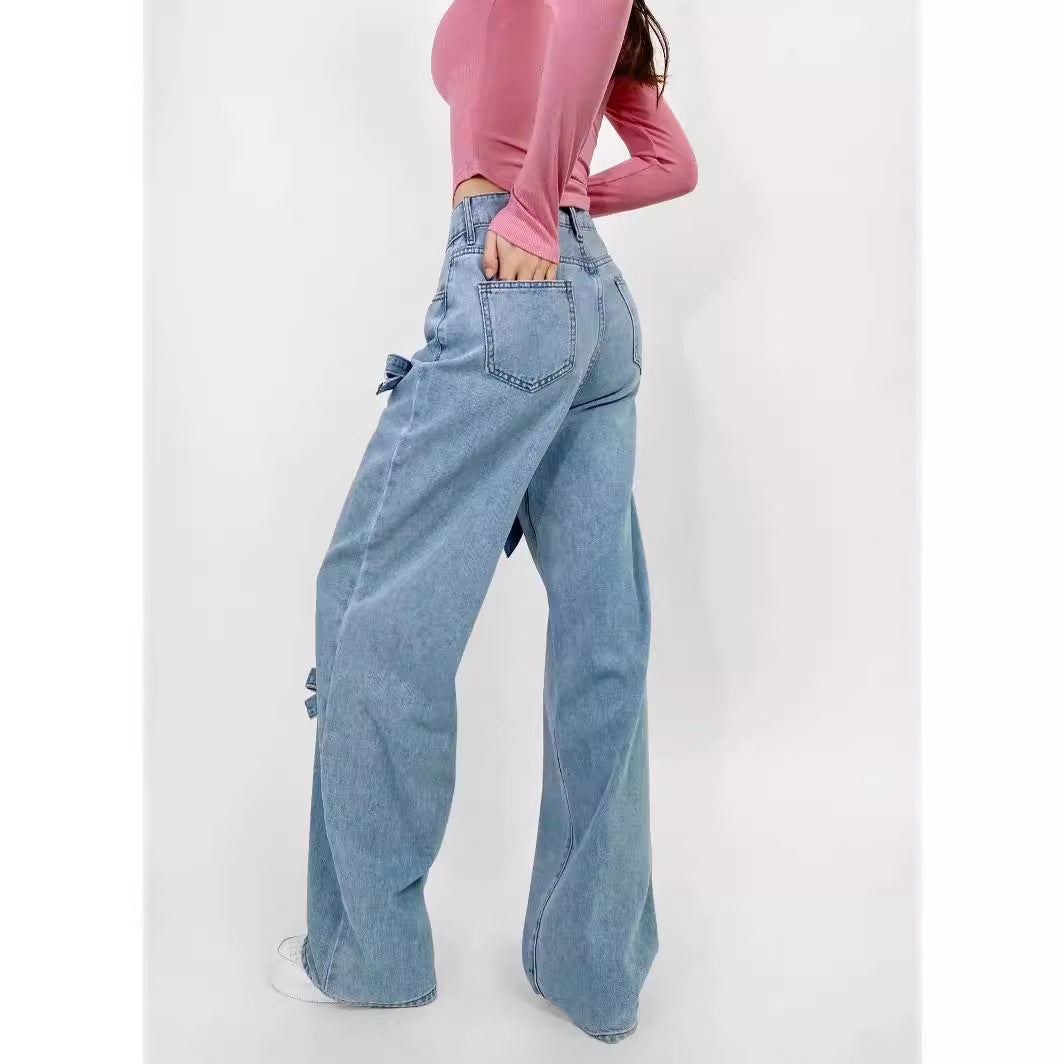 y2k outfits Bow Straight Jeans Loose Comfortable Slimming Personality Trendy Trousers