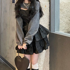 sexy outfit Sling Dress Women's Spring and Autumn New Sweet Cool Hot Girl Short Skirt Niche Design Black Fluffy Skirt 2024