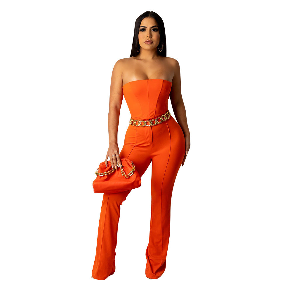 outfit New Sexy Tube Top off-Shoulder Bright Line Decoration Slim Flared Pants Nightclub Suit