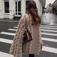 simple winter outfits Spring and Autumn Fashion Elegant round Neck Bell Sleeve Knitted Sweater Loose All-Match Top