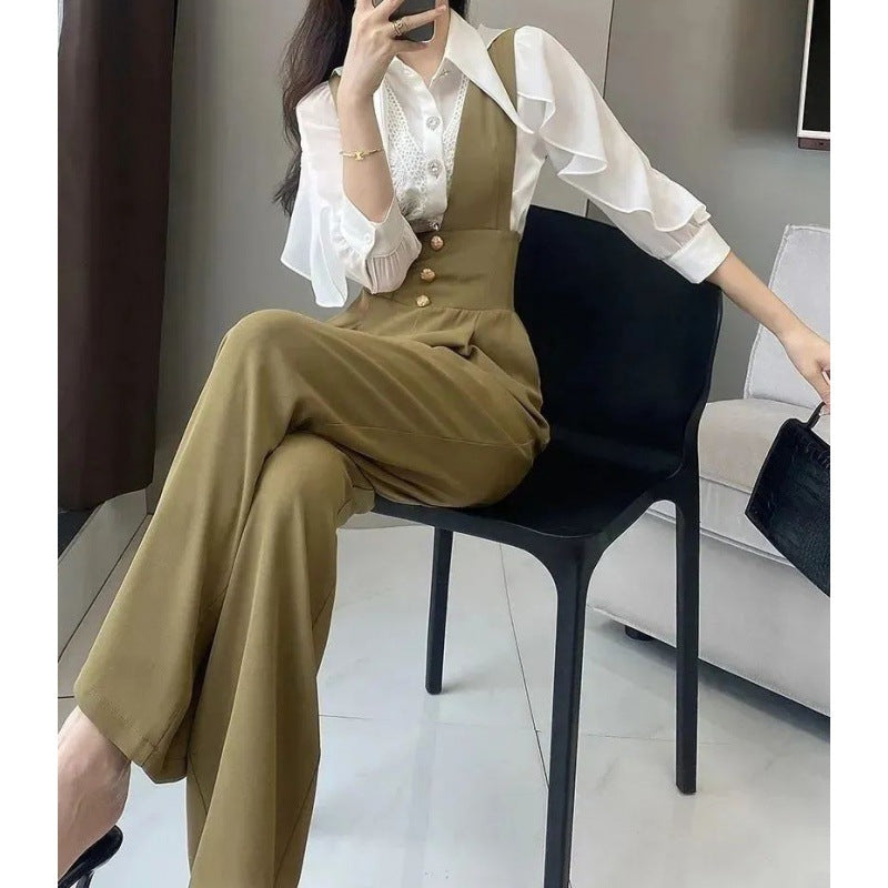 misunderstood outfit 2024 Summer and Autumn New Design Suspender Pants Women's Gao-Grade Slimming High Waist Suit Wide Leg Pants Black Jumpsuit