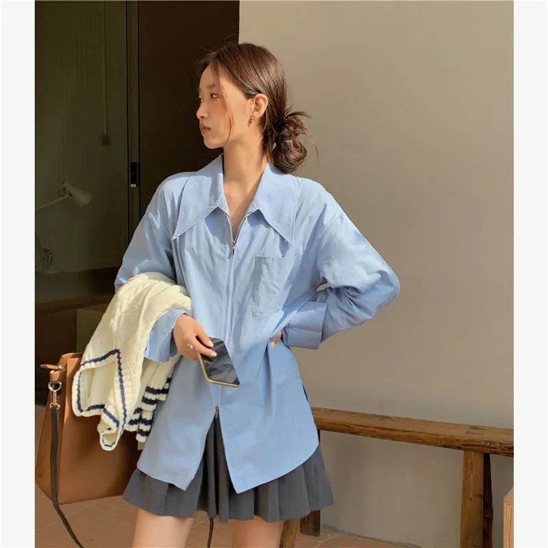 business casual outfits New High Design Large Lapel Zipper Shirt Pointed Collar Stacked Long Sleeve Shirt Lazy Style Blue Shirt for Women