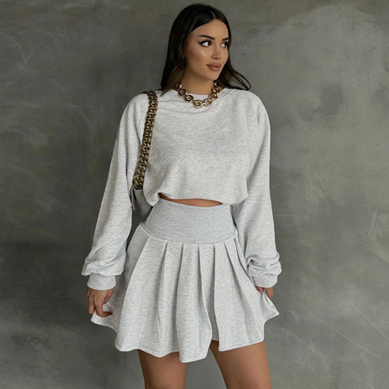 leapord halloween outfit Autumn and Winter Solid Color Long-Sleeved Sweater Pleated Skirt Two-Piece Suit Fashion Casual Suit Women