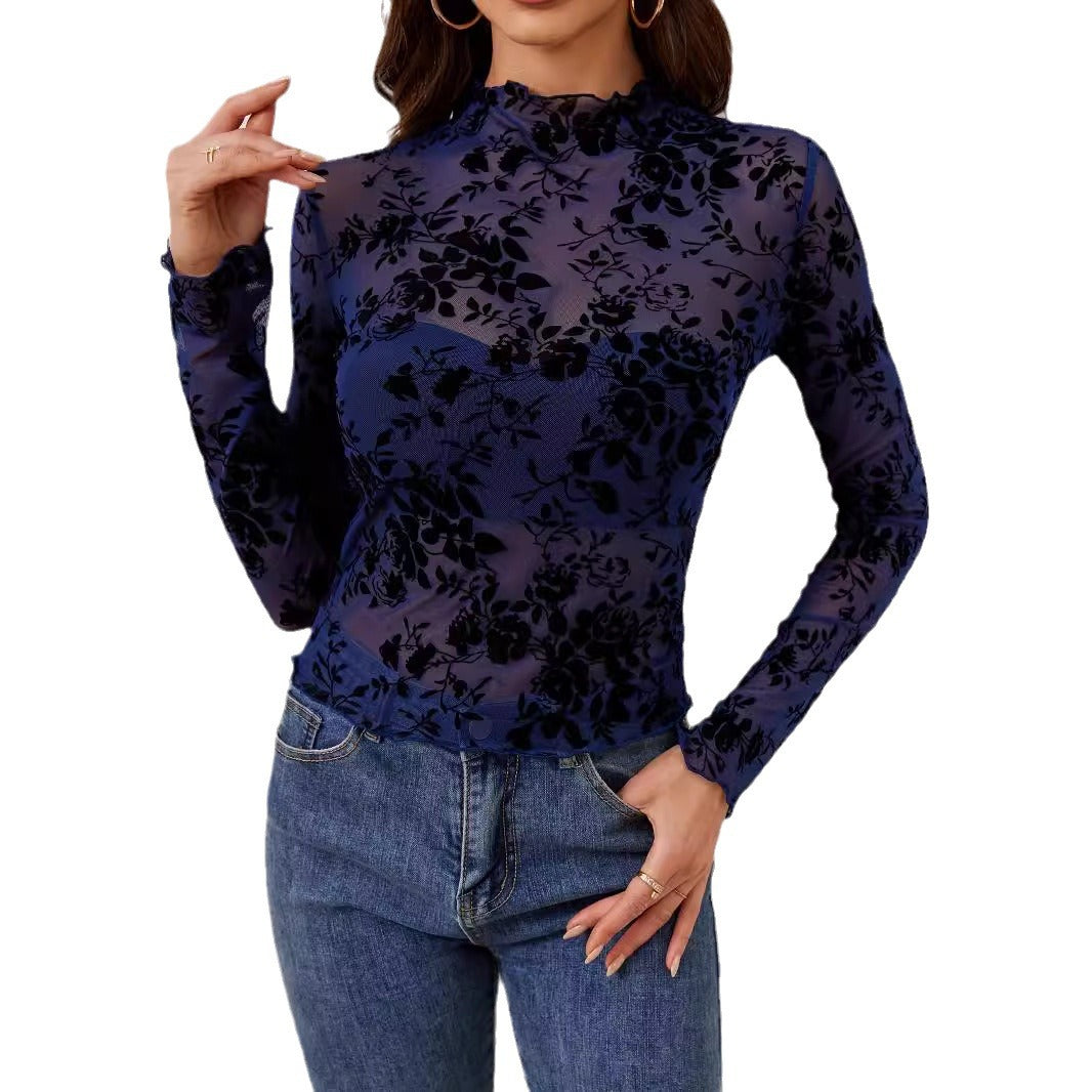 dress to impress outfits New Sexy Single Layer Bra-Free Stand Collar Mesh Bottoming Shirt Top Women's T-shirt