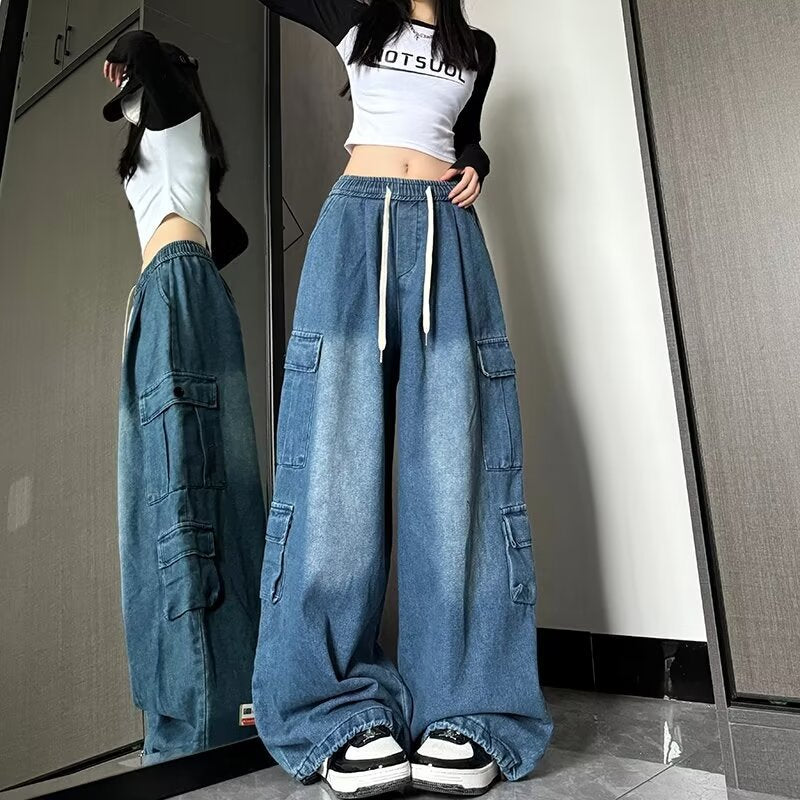 summer outfits men Street Hiphop Jeans Men's American-Style Vintage Washed Distressed Multi-Pocket Loose Overalls Wide-Leg Pants