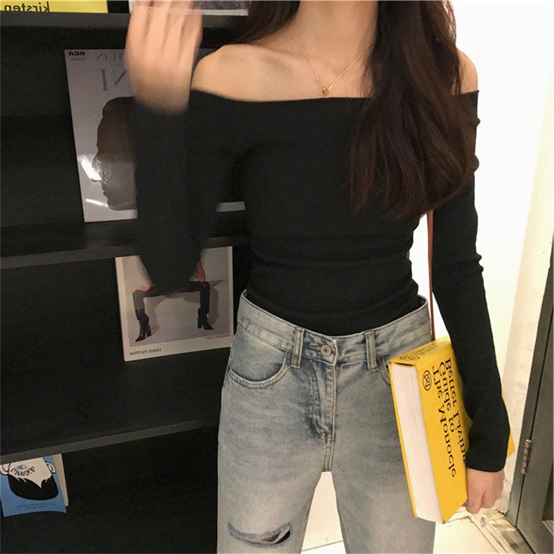 outfit inspo fall off-Shoulder Thread Top for Women Autumn New Design Sense Niche Short T-shirt Hot Girl Long Sleeve Bottoming Shirt