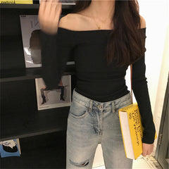 outfit inspo fall off-Shoulder Thread Top for Women Autumn New Design Sense Niche Short T-shirt Hot Girl Long Sleeve Bottoming Shirt