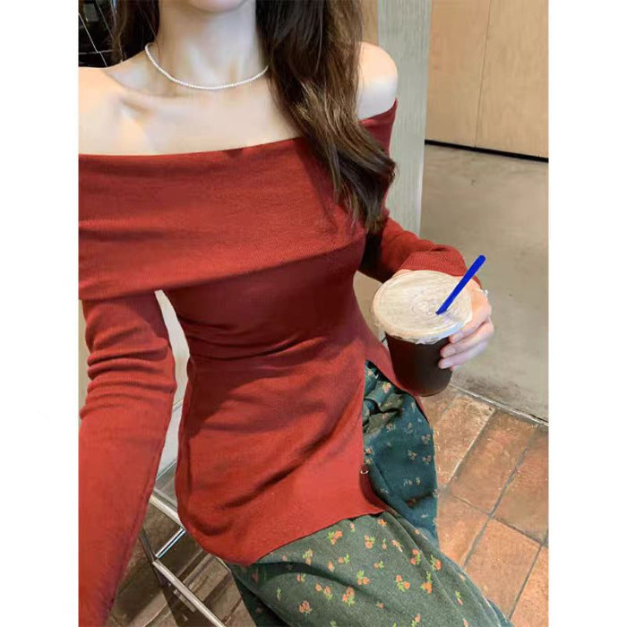 christmas costumes women French-Style off-Shoulder Split Long-Sleeved Sweater Women's Autumn Hot Girl Slim Bottoming Shirt Top