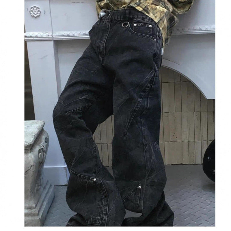 grunge dti American Retro Structural Design Split Workwear Jeans Men's and Women's Early Autumn Waste Soil Style Street Hot Girl Wide Leg Trousers