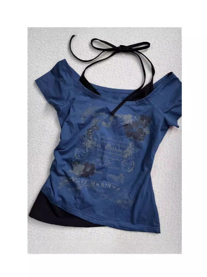 fashion outfits Feishi Style Retro Vintage Halter Fake Two-Piece Short-Sleeved T-shirt Mid-Ancient Summer Short Top