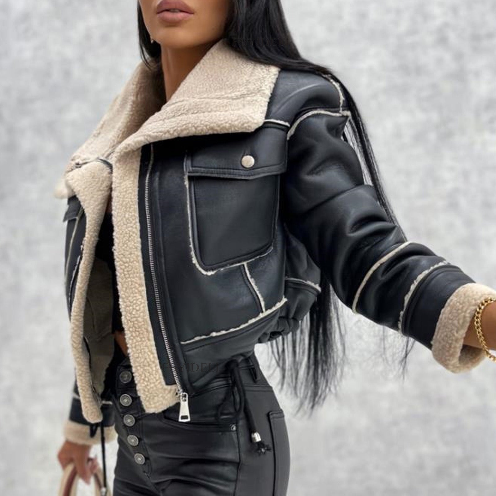 Autumn and Winter Coat Lamb Wool Short Coat Zipper Machine Car Style Jacket Top Female