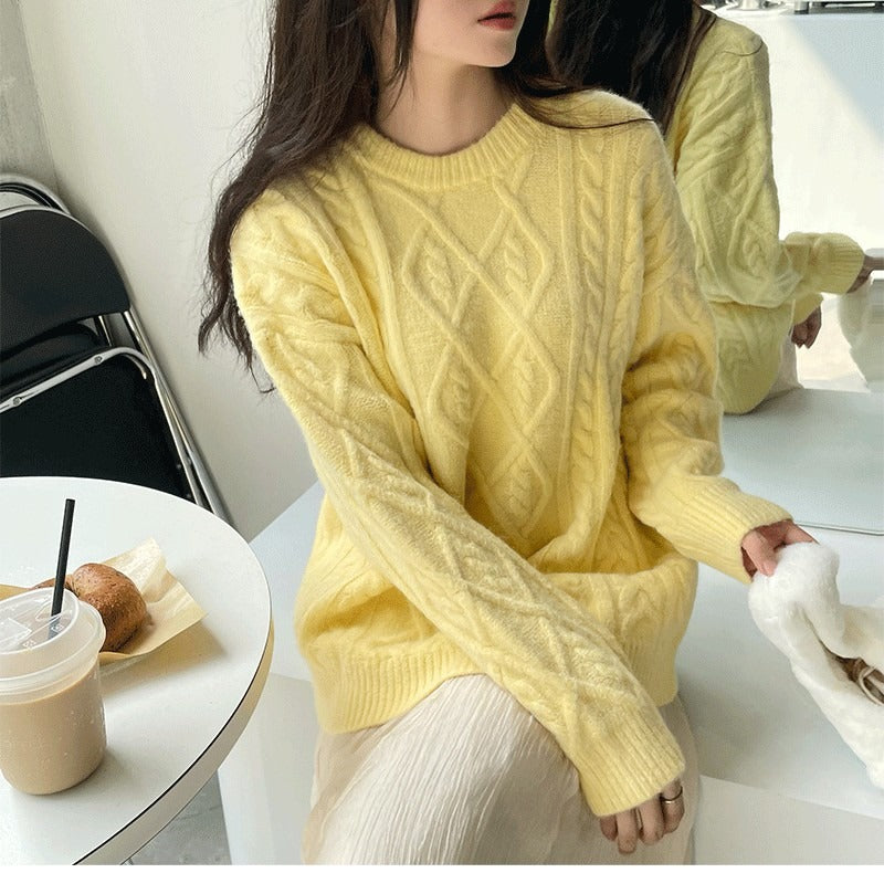 outfit inspo fall Gentle Sweet Style Autumn and Winter Soft Glutinous All-Match round Neck Twist Loose Pullover Sweater Outer Wear Sweater Top