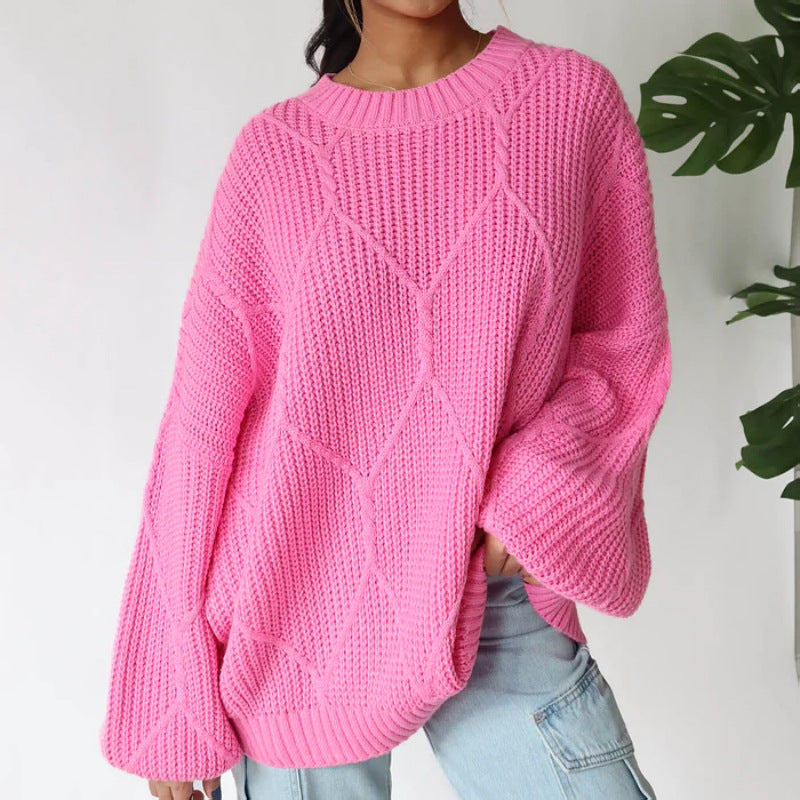 outfit inspo fall New round Neck Knitted Loose Casual Lantern Sleeve Pullover Sweater Top for Women