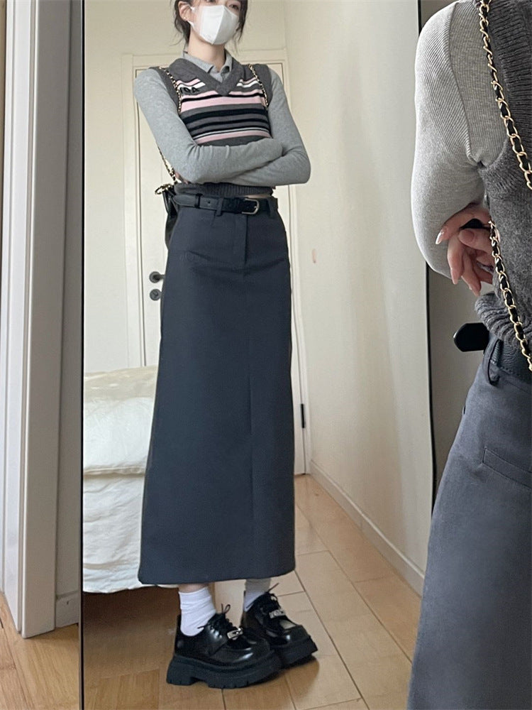 business casual outfits Plus Size Chubby Girl High-Grade Gray Skirt Women's New High Waist Suit Skirt Loose Slimming Mid-Length A- line Skirt