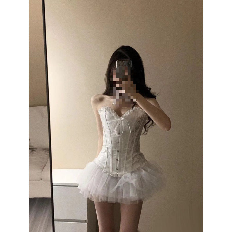 dress Sweet Cool Hot Girl Fishbone Floral Camisole Women's Summer Suit Mesh Skirt Fluffy Skirt