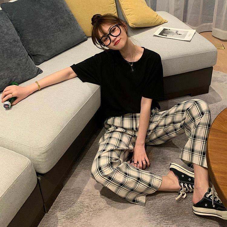 comfy school outfits Korean Style Spring and Summer New Hong Kong Style Chic Retro Light Casual Royal Sister Elegant Western Style Plaid Wide-Leg Pants Fashion