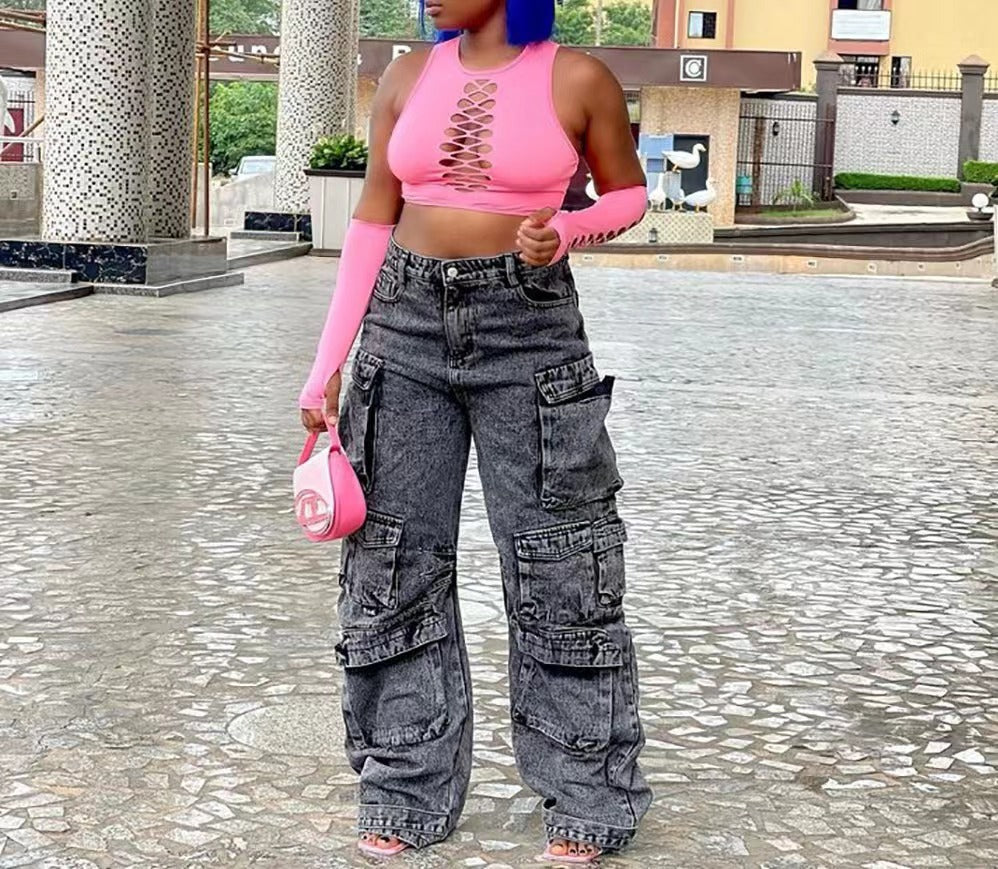 usher concert outfit ideas Jeans Fashion Trend Multi-Pocket plus Size African Jeans Overalls