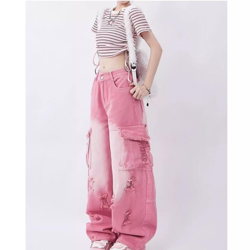 going out outfits High Street Niche Cute Pink Straight Jeans Women's Spring and Summer High Waist Slimming Draping Loose Wide Leg Pants