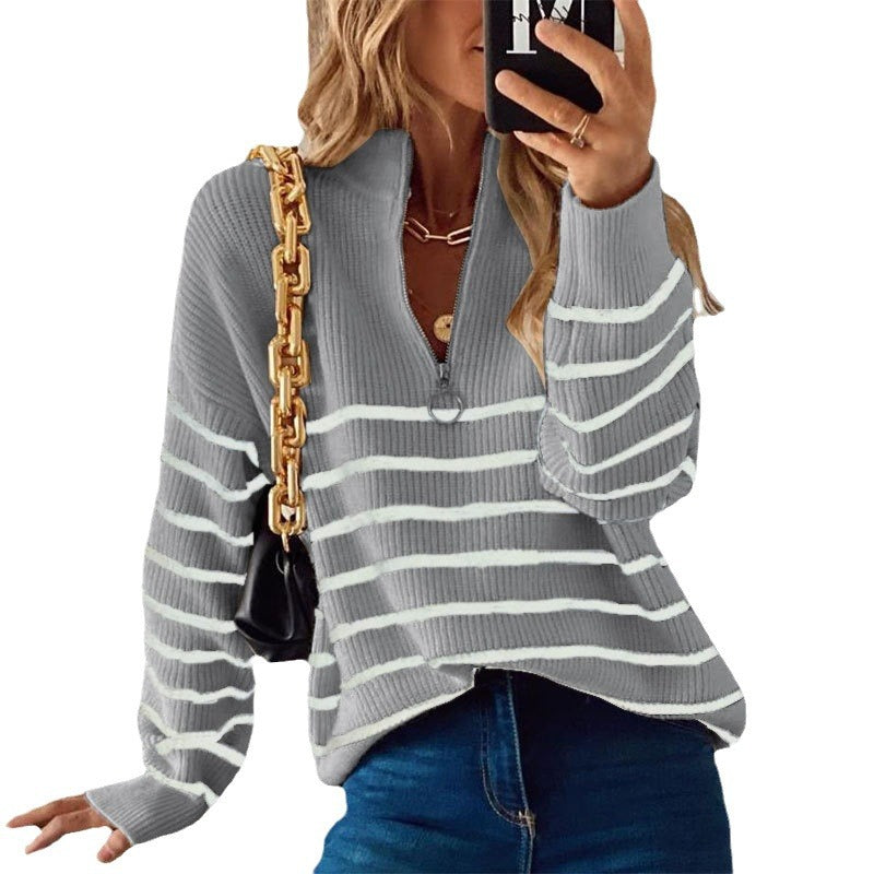 fashion outfits Sweater Turtleneck Autumn and Winter New Striped Color Matching Long Sleeve Women's Top Zipper Pullover Sweater