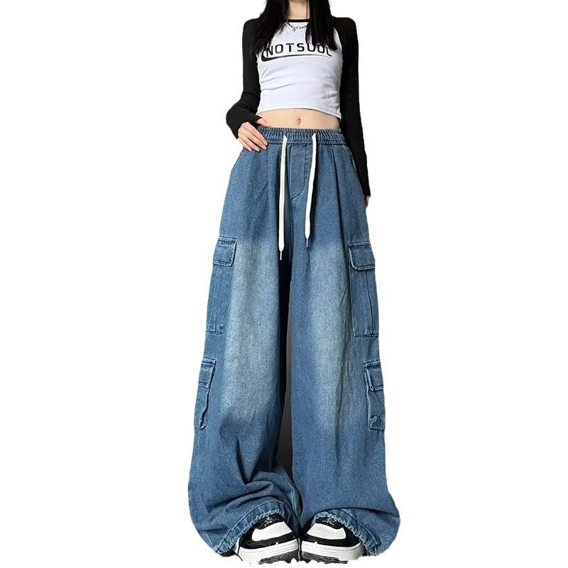 summer outfits men Street Hiphop Jeans Men's American-Style Vintage Washed Distressed Multi-Pocket Loose Overalls Wide-Leg Pants