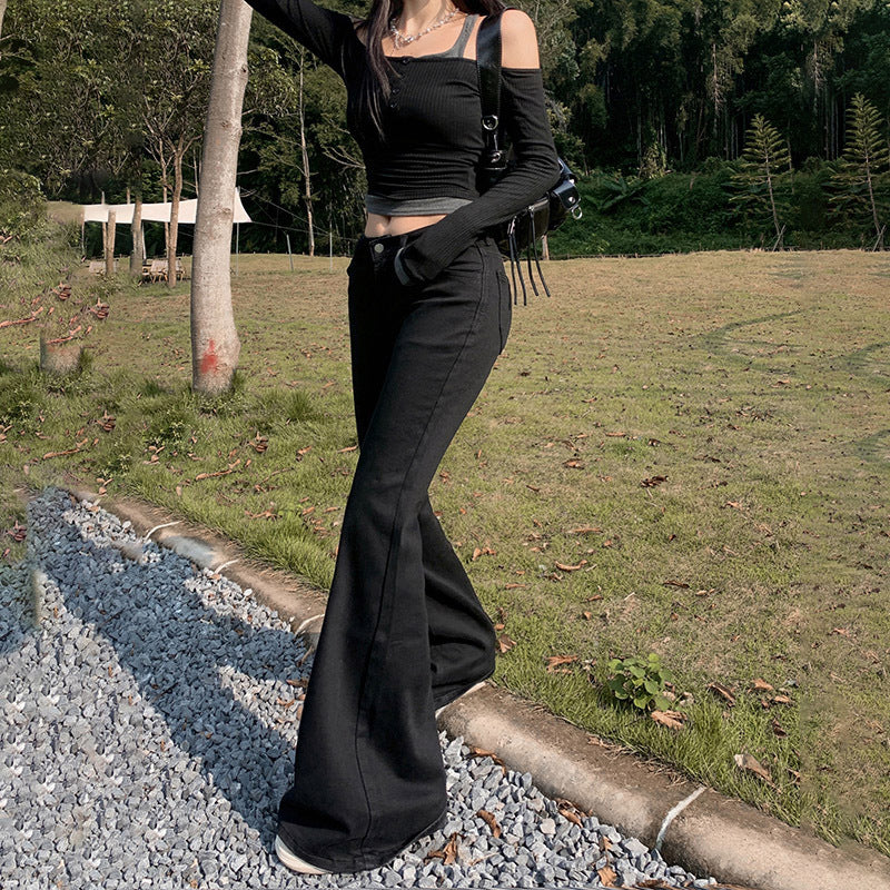 casual dinner outfit fall Autumn and Winter American Low Waist Thin Velvet Jeans Hot Girl Slim Elastic Slimming Flared Pants