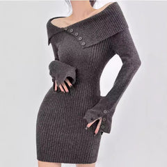 winter outfits women Sexy off-Shoulder Lapel Knitted Dress Autumn and Winter Women's Sweater Slim Hip Skirt