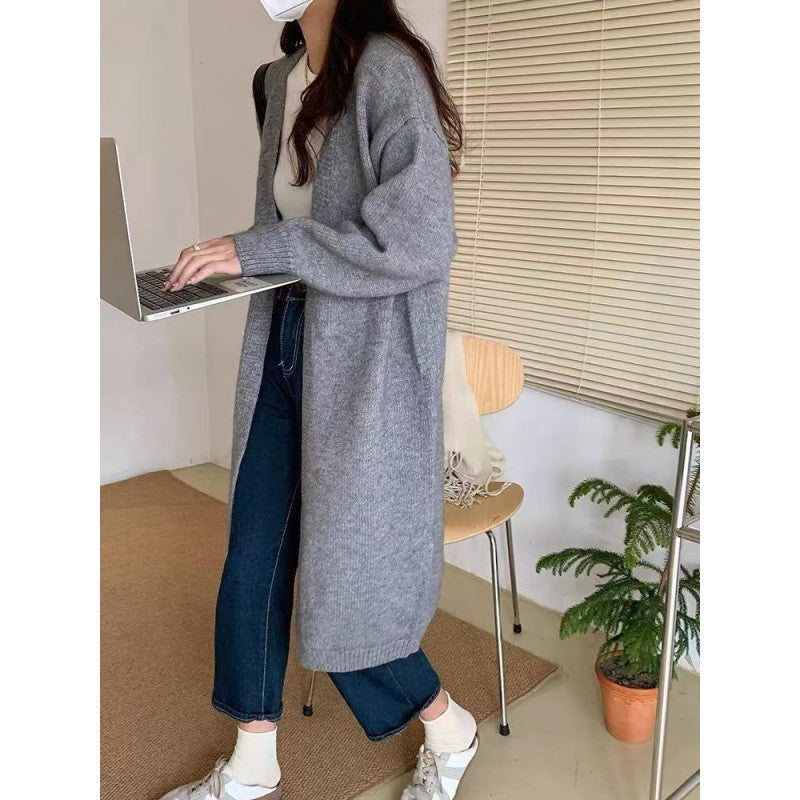 black sweater dress outfit Knitted Cardigan Women's Spring and Autumn Simple Lazy Style Loose Mid-Length over-the-Knee Sweater Coat Top