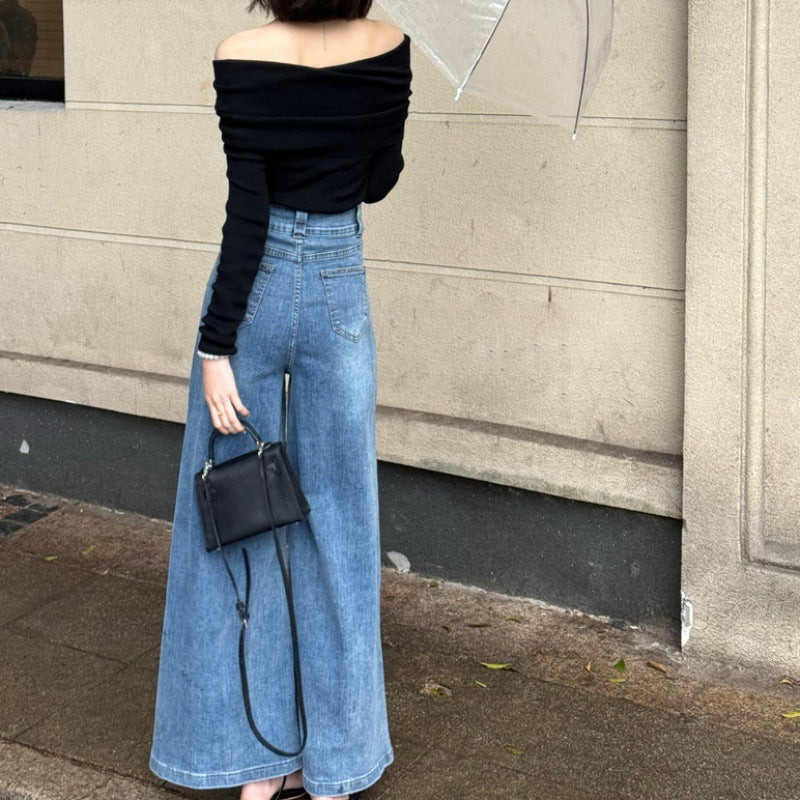 90s streetwear Super Wide-Leg Denim Skirt for Women Spring and Summer New Korean Style High Waist Slimming Wide-Leg Mopping Pants