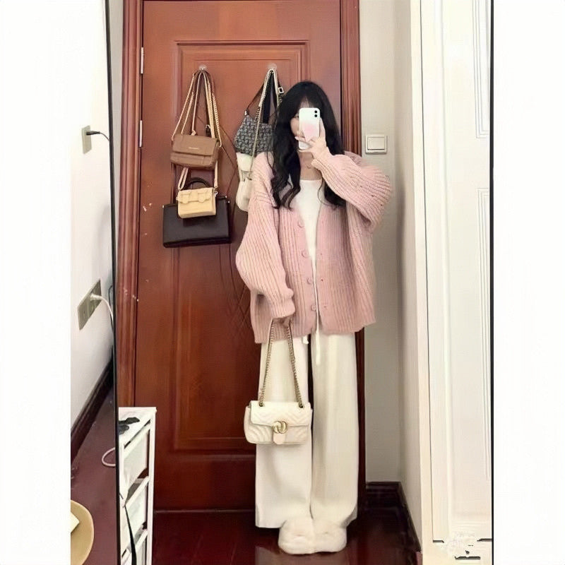 fall outfits women Autumn and Winter Small Wear Creamy-white Lazy Style Sweater Wide Leg Pants High-Grade Three-Piece Suit