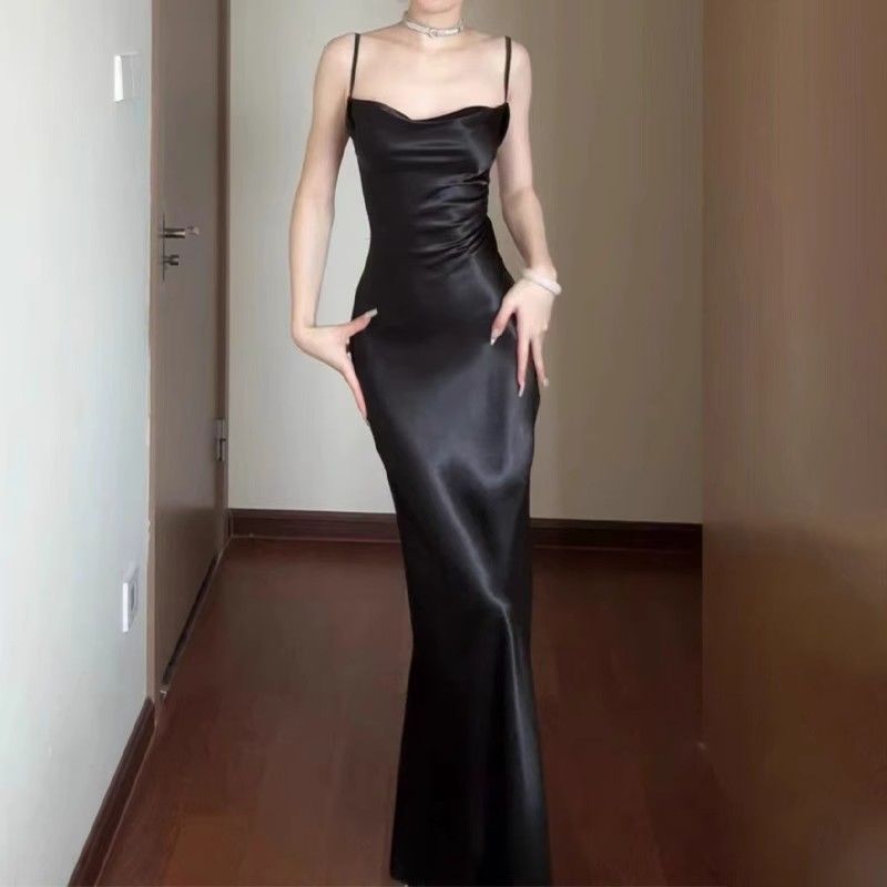 dresses French Style Elegant Satin Sling Dress Women's 2024 Summer New Design Waist-Tight Sheath Dress