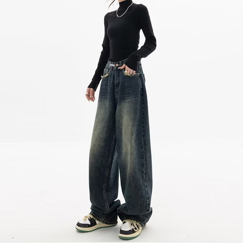 2000s fashion Harajuku Fashion High Waist Women's Spring and Autumn New All-Match Zipper Light Color Washed Trendy Jeans Simple Straight Pants