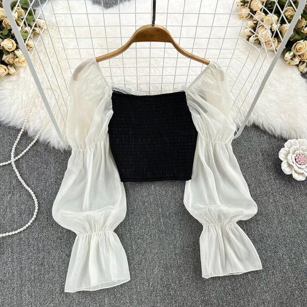 teacher outfits French Style Retro Elegant Embroidered Long Sleeve Square Collar Pullover Shirt Women's Slim Fit Western Style Short Outer Chiffon Shirt Top