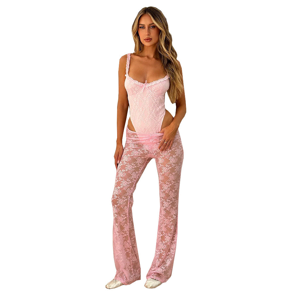 dti cosplay fits 9934 Women's Summer New Sexy Slim-Fit Lace Mesh Transparent Outer Wear Skinny Trousers