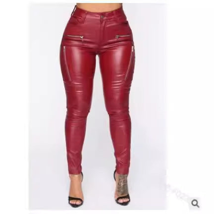 casual dinner outfit fall Fashionable Personalized Tight Casual Pants Women's Zipper Mid-Waist Leather Pants with Pockets Pu New Elastic Pencil Pants