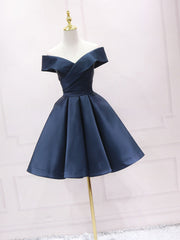BXOXO Simple Off Shoulder Satin Dark Blue Short Prom Dress, Blue Homecoming Dress