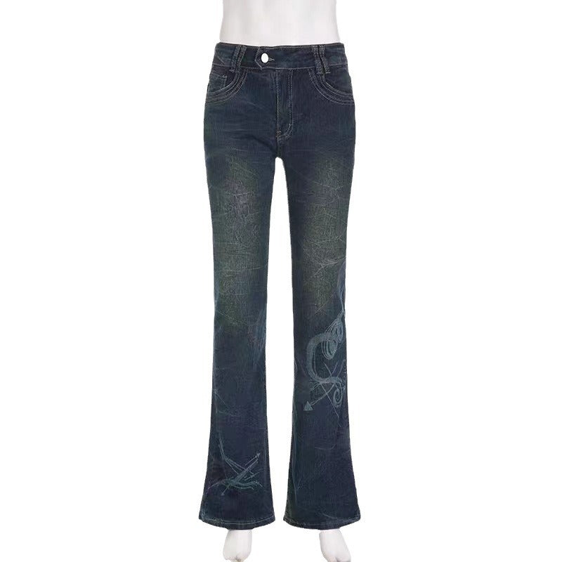 2000s fashion American Style Distressed Washed Special Love Printed Trendy Retro Jeans Women's High Street Sexy Low Waist Jeans