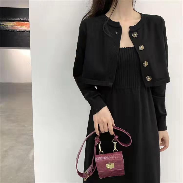 korean fashion Korean Style Chanel Style Knitted Cardigan Sweater for Women 2024 Autumn and Winter New Elegant Strap Dress Two-Piece Suit